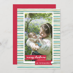 Green stripes and red banner Photo Christmas Card