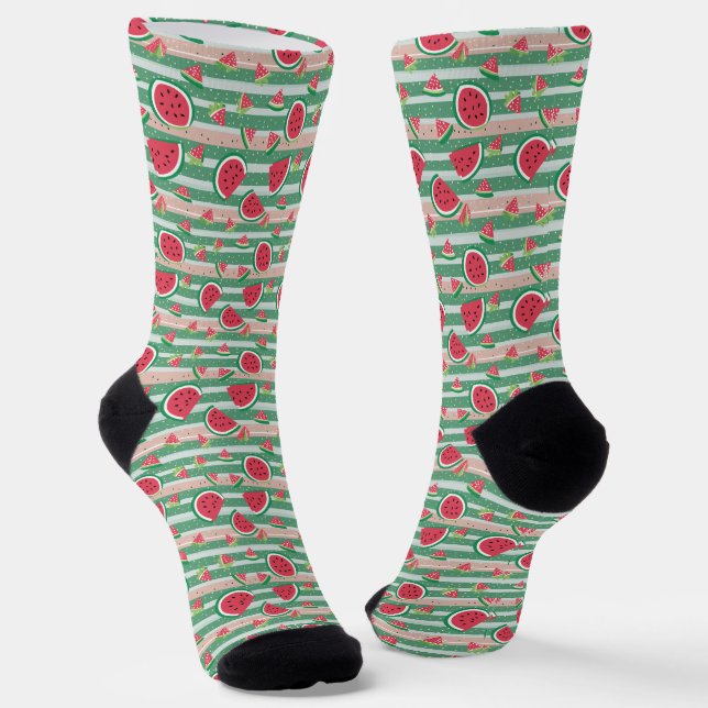 Green Stripes and Watermelon Pattern Socks (Angled)