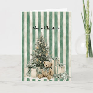 Green Stripes Christmas Tree Teddy Bear Gifts Card