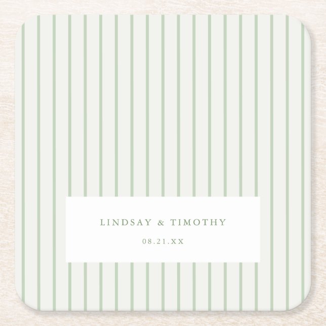 Green Stripes Classic Summer Wedding Square Paper Coaster (Front)
