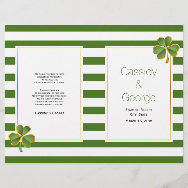 Green stripes clover folded Irish wedding program (Front)