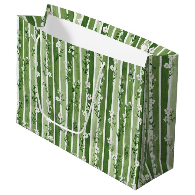 Green Stripes Daisy Flowers Birthday Large Gift Bag (Front Angled)