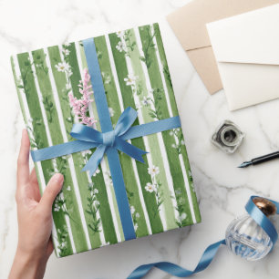 Green Stripes Daisy Flowers Birthday Wrapping Paper