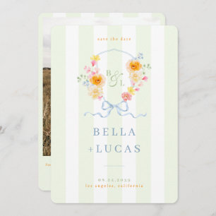 Green Stripes Floral Crest Monogram Spring Wedding Save The Date