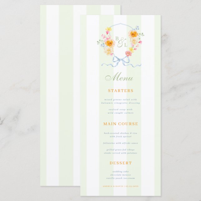Green Stripes & Floral Crest Spring Wedding Menu (Front/Back)
