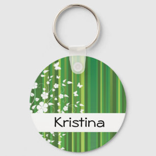 Green Stripes Floral Personalised Name Keychain