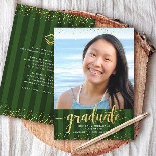 Green stripes graduation photo gold glitter script announcement