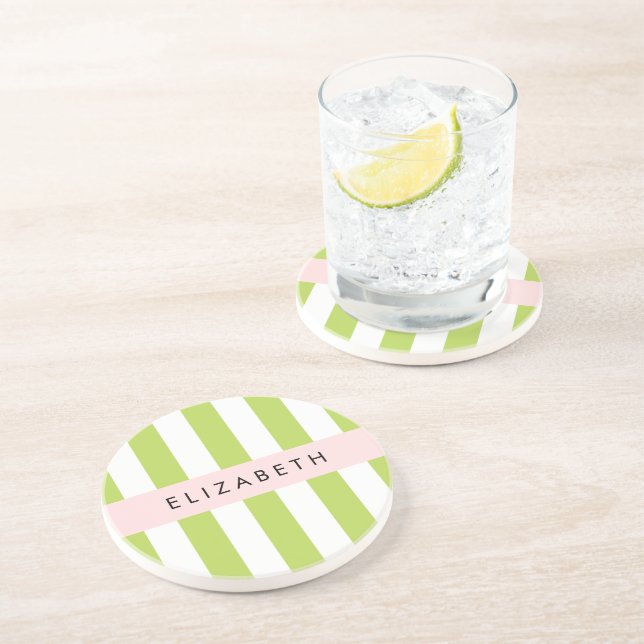 Green Stripes, Lines, Striped Pattern, Your Name Coaster (Side)