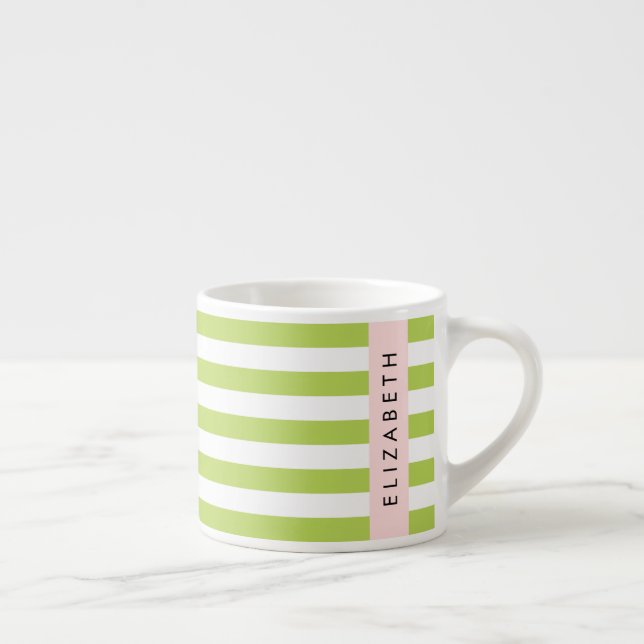 Green Stripes, Lines, Striped Pattern, Your Name Espresso Cup (Right)