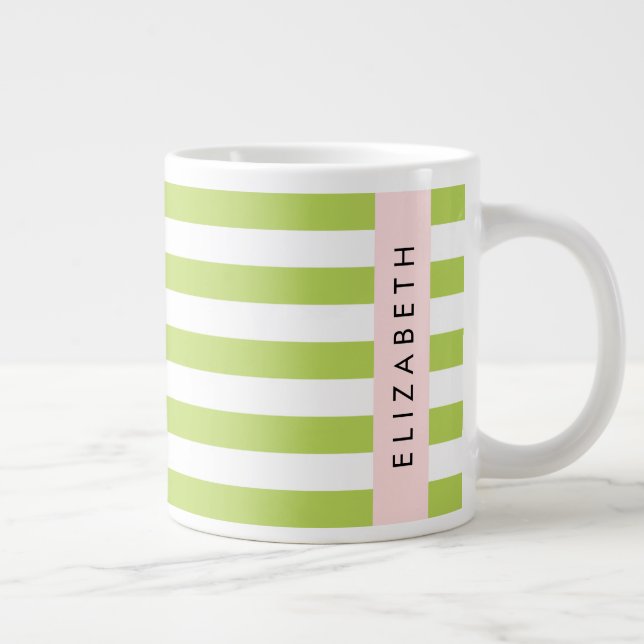 Green Stripes, Lines, Striped Pattern, Your Name Large Coffee Mug (Right)
