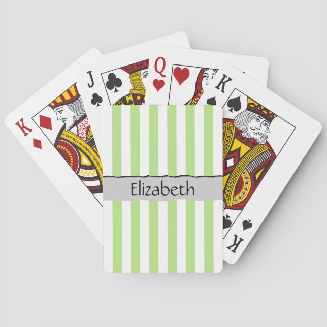 Green Stripes, Lines, Striped Pattern, Your Name Playing Cards (Back)