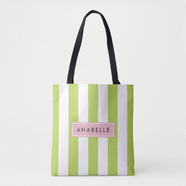 Green Stripes, Lines, Striped Pattern, Your Name Tote Bag (Front)