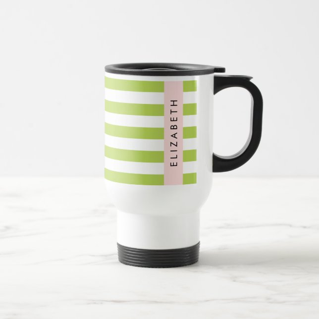 Green Stripes, Lines, Striped Pattern, Your Name Travel Mug (Right)