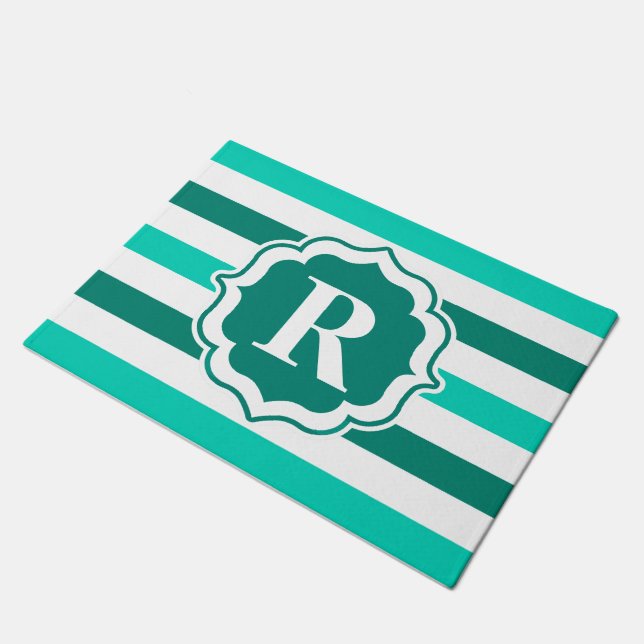 Green Stripes Monogram Pattern Doormat (Angled)