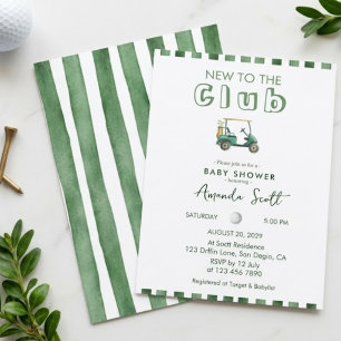Green Stripes New to Club Golf Cart Baby Shower   Invitation