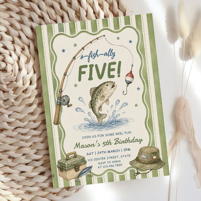 Green Stripes O-Fish-Ally Five Birthday  Invitation (Creator Uploaded)
