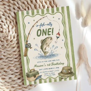 Green Stripes O-Fish-Ally One Birthday  Invitation