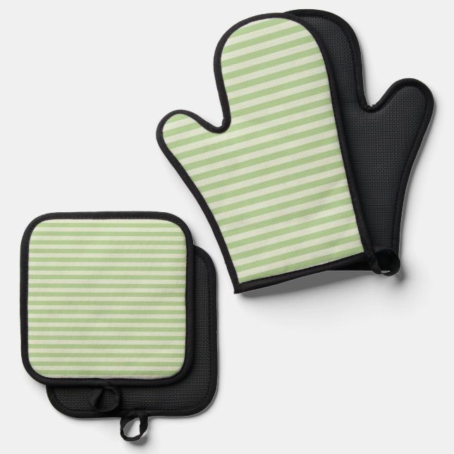 Green Stripes Oven Mitt & Pot Holder Set (Front/Back)