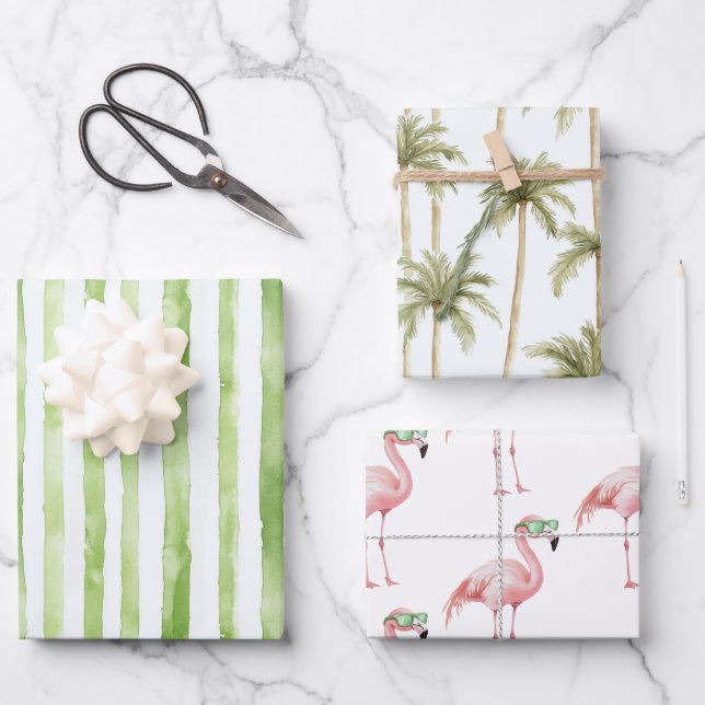 Green Stripes Pink Flamingo Palm Trees Birthday Wrapping Paper Sheet (Front)