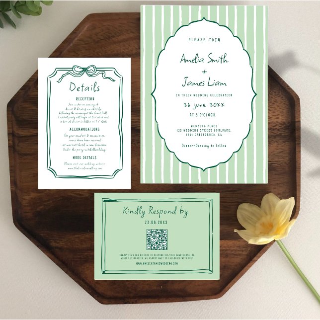 Green stripes Quirky Hand Written wedding Invitation (Creator Uploaded)