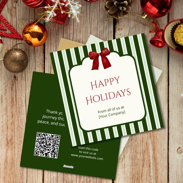 Green Stripes & Red Bow Custom Corporate Greetings Holiday Card (Creator Uploaded)