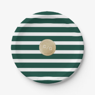 Green stripes simple modern wedding monogram paper plate
