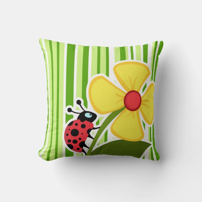 Green Stripes; Striped; Ladybug Cushion (Front)