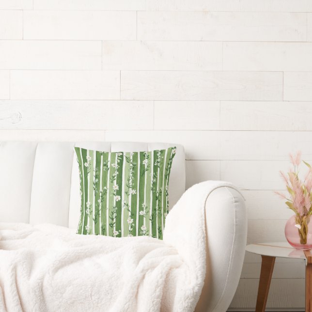 Green Stripes White Flowers Cushion (Couch)