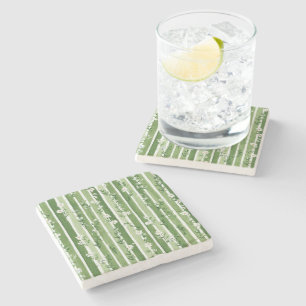 Green Stripes White Flowers Stone Coaster