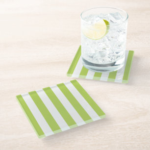 Green Stripes, White Stripes, Striped Pattern Glass Coaster