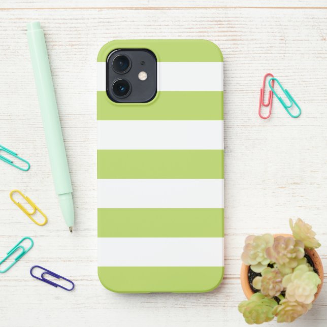 Green Stripes, White Stripes, Striped Pattern iPhone Case (On Desk)