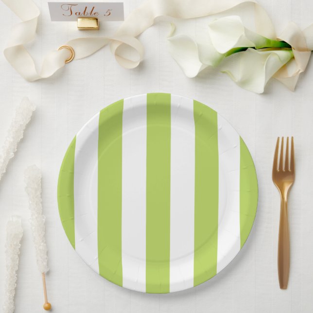 Green Stripes, White Stripes, Striped Pattern Paper Plate (Wedding)