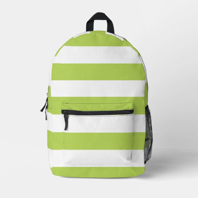 Green Stripes, White Stripes, Striped Pattern Printed Backpack (Front)