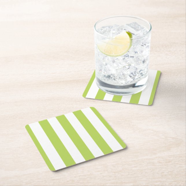 Green Stripes, White Stripes, Striped Pattern Square Paper Coaster (Insitu)