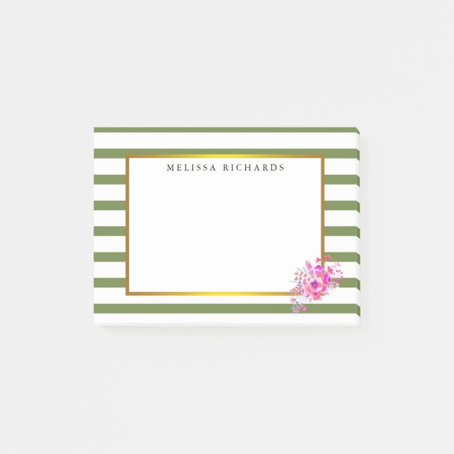 Green Stripes with Gold Border Floral Post-it Notes (Front)