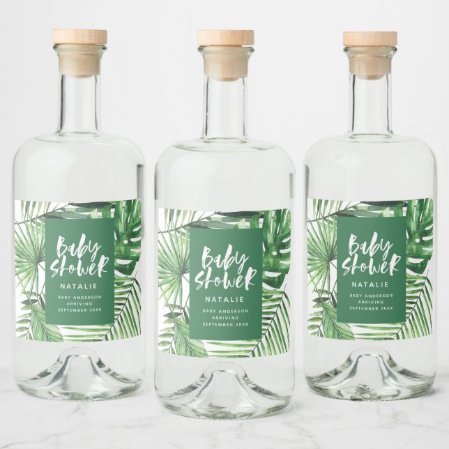Green stylish tropical foliage modern baby shower liquor bottle label (Bottles)