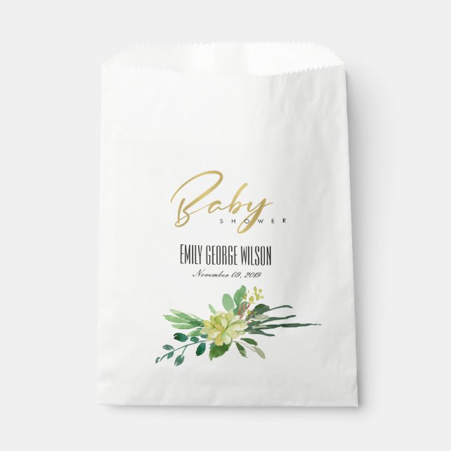 GREEN SUCCULENT FOLIAGE WATERCOLOR BABY SHOWER FAVOUR BAGS (Front)