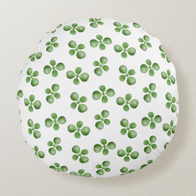 Green Succulent Leaves on White Round Cushion (Front)