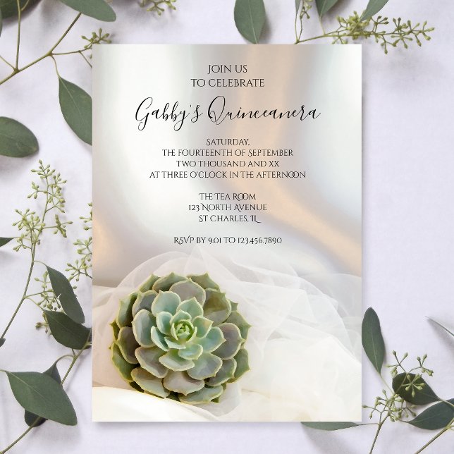 Green Succulent on White Quinceanera Party Invitation (Creator Uploaded)
