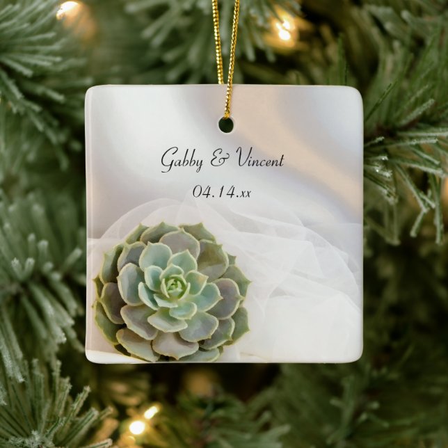 Green Succulent on White Wedding Ceramic Ornament (Tree)
