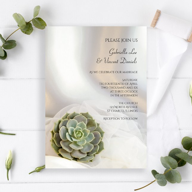 Green Succulent on White Wedding Invitation (Creator Uploaded)