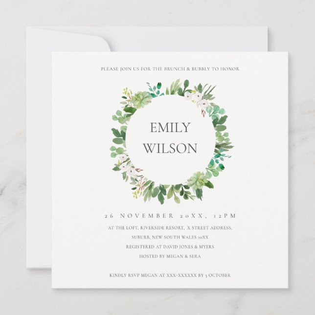 GREEN SUCCULENT WREATH FAUNA BRUNCH BUBBLY INVITE (Front)
