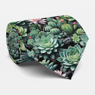Green Succulents and Blooming Cactus Plants Tie