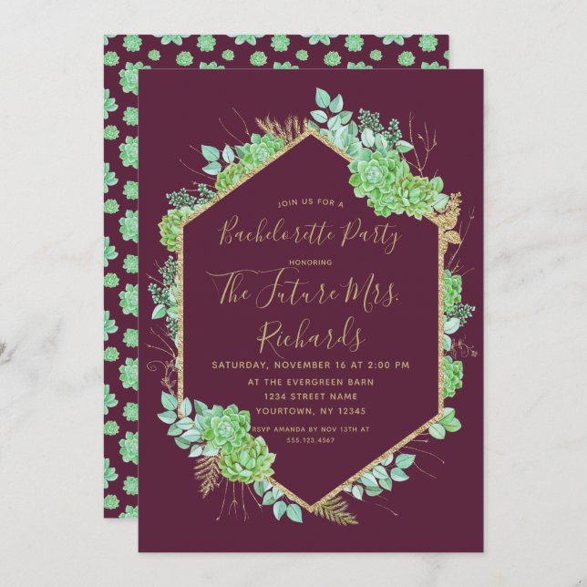 Green Succulents Bachelorette Party Invitation (Front/Back)
