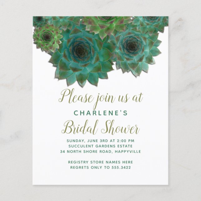 Green Succulents Budget Bridal Shower Invitation Flyer (Front)