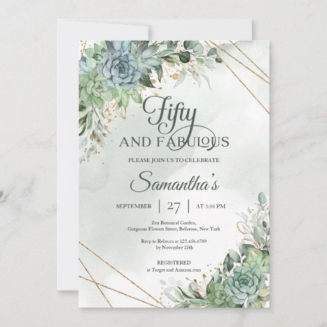 Green succulents eucalyptus faux gold 50th invitat invitation (Front)