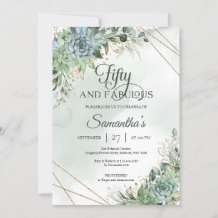 Green succulents eucalyptus faux gold 50th invitat invitation