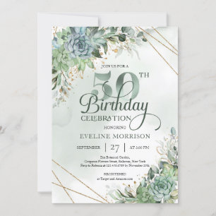 Green succulents eucalyptus faux gold 50th invitation