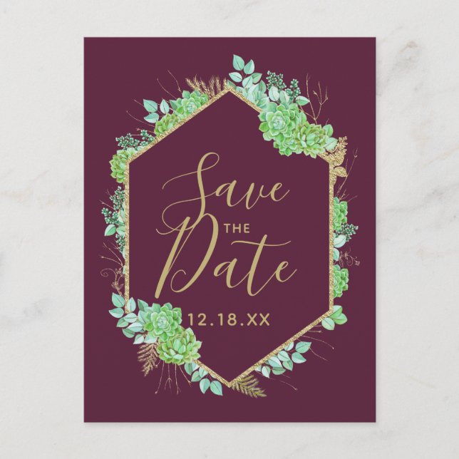 Green Succulents Gold Frame Marsala Save the Date Announcement Postcard (Front)