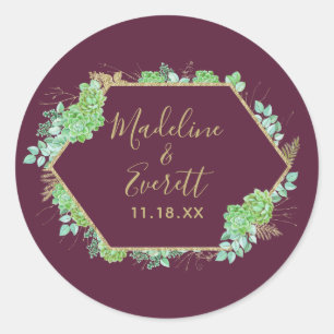 Green Succulents Gold Frame Monogram Wedding Classic Round Sticker